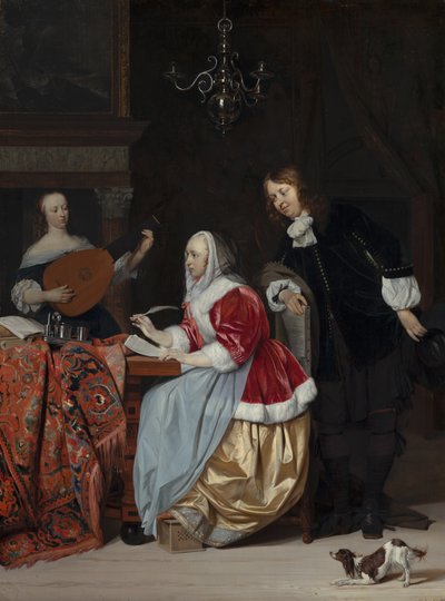 En ung kvinna som komponerar ett musikstycke av Gabriel Metsu