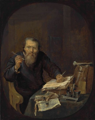 En notarie vässar sin penna, i en interiör av Gabriel Metsu