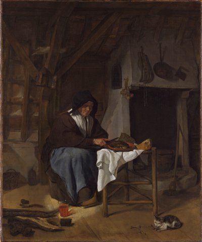 Gammal kvinna vid sin måltid i en interiör av Gabriel Metsu