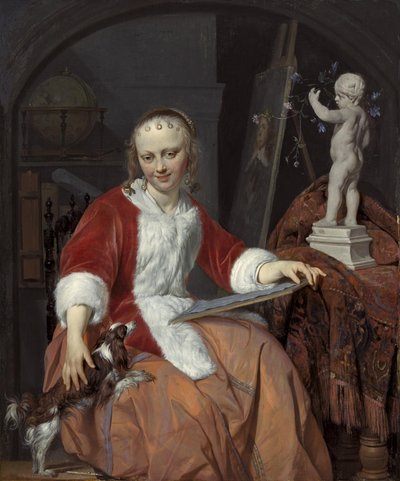 Porträtt av Isabella de Wolff (....-1718) som konstnär av Gabriel Metsu