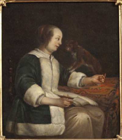 Porträtt av en dam med en hund av Gabriel Metsu