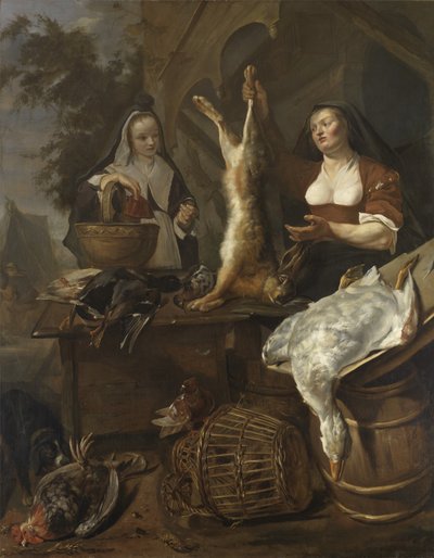 Kvinna säljer spel från ett stånd av Gabriel Metsu