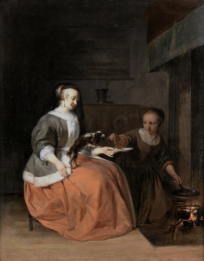 Ung kvinna och tjänsteflicka matar en hund med en pannkaka av Gabriel Metsu