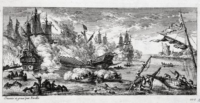 Sjöslaget vid Agosta (nuvarande Augusta på Sicilien) mellan den franska flottan och en spansk och holländsk allians den 22 april 1676. Kallas även slaget vid berget Gibel (berget Gibel) eller slaget vid Famagusta. av Gabriel Perelle
