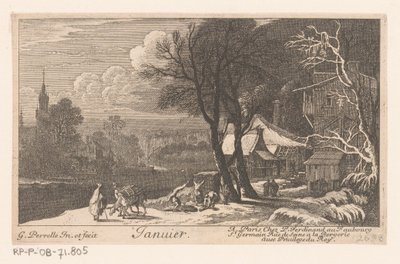 Titeltryck med landskap i januari månad Janvier (titel på objekt) Tolv månader (serietitel) av Gabriel Perelle