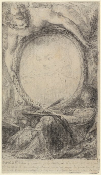 Allegorisk ram med ett geni och en beslöjad kvinna som skriver, ca 1769 (svart krita på papper) av Gabriel de Saint-Aubin