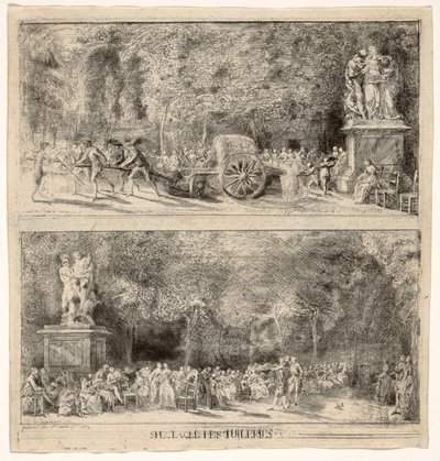 Scener från Tuilerierna: Stolarna och vattenvagnen, 1760, retuscherad 1763 av Gabriel de Saint Aubin