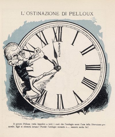 Tecknad bild av det italienska ministerrådets ordförande Luigi Pelloux (1839-1924) som med alla medel försöker hålla kvar klockan för att ringa in den allmänna befrielsens timme 1898. Hans regering var mycket militaristisk och konservativ. Vinjett av Gabri av Gabriele (1865-1937) Galantara