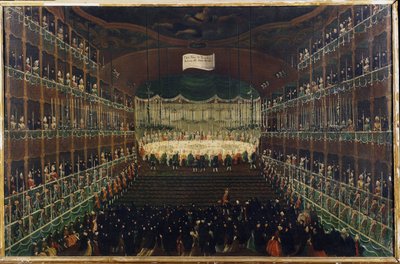 En måltid på San Benedetto-teatern - "" Mottagning för att hedra Nordens furstar"" Bankett som samlar ambassadörer. Målning av Gabriel Bella (1730-1799) 1700-talets Venedig, Galleria Fondazione Querini Stampalia av Gabriele Bella