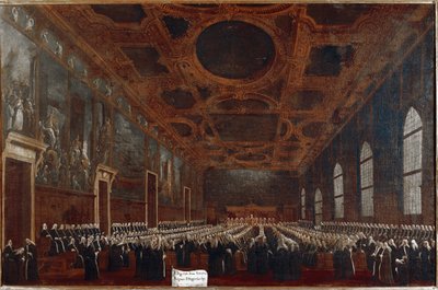 Första audiens av Doge of Venice inför Grand Council (olja på duk av Gabriele Bella