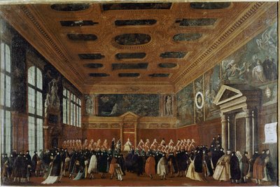 Reception of ambassadors at the Collegio (Venedig, reception of an ambassador at the Collegio) - Målning av Gabriele Bella (ca 1730-1799), olja på duk, 99x150 cm. Venedig, Querini Stampalia Foundation av Gabriele Bella