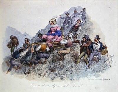 En turist på väg ner från Vesuvius, ca 1830 (färg litho) av Gaetano (after) Dura