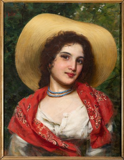 Flicka med gul hatt (olja på duk) av Gaetano Bellei