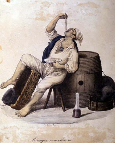 Napolitanska äter maccheroni. Litografi av Dura av Gaetano Dura