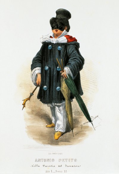 Skådespelaren Antonio Petito (1822-1876) i scenkostym i parodien Trubaduren, litografi av Gaetano Dura (1805-1874) av Gaetano Dura