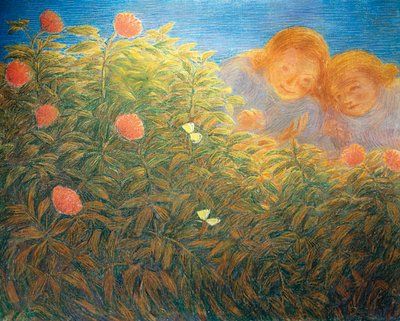 Blommor och fjärilar, av Gaetano Previati (1852-1920), olja på duk av Gaetano Previati