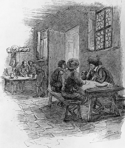 Renzo, Tonio och Gervase på värdshuset, kapitel VII, illustration av Gaetano Previati (1852-1920) för trofasthet, historisk roman av Alessandro Manzoni (1785-1873) av Gaetano Previati