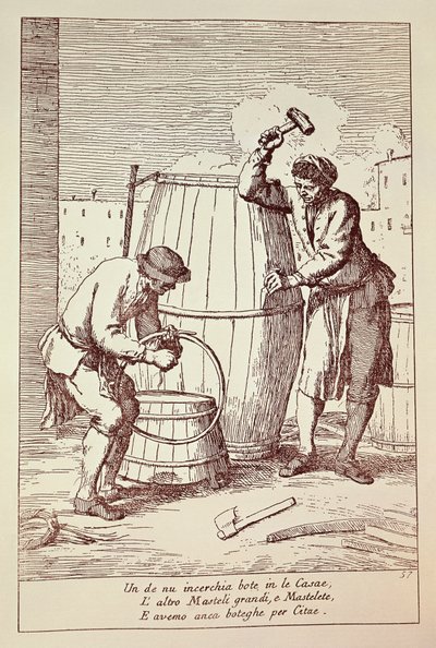 Coopers at work, gravyr av Gaetano Gherardo Zompini (1700-1778) från The arts of everyday life in the city of Venedig, Italien av Gaetano Zompini
