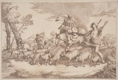 En pastoral resa med ett barn i en korg till häst av Gaetano Zompini, after Giovanni Benedetto Castiglione