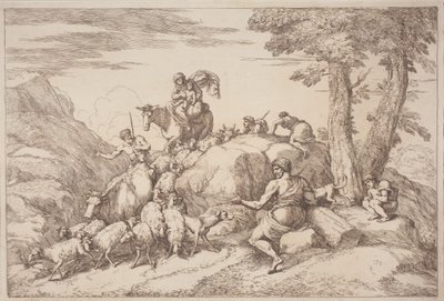 En pastoral resa med en mor och ett barn till häst och en äldre herde sittande av Gaetano Zompini, after Giovanni Benedetto Castiglione