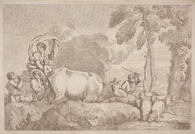 En kvinna med två barn till häst av Gaetano Zompini, after Giovanni Benedetto Castiglione