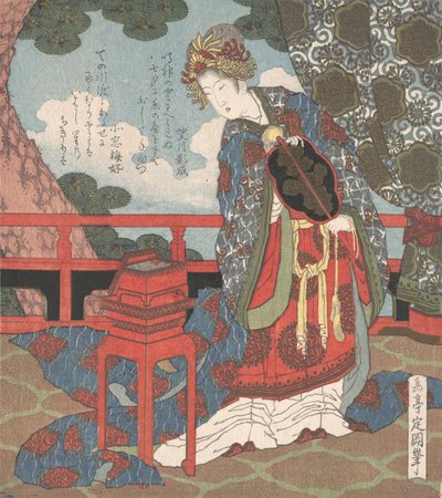 Lady med fan som står på Veranda, 1800 -talet. av Gakutei
