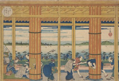 Duschskydd vid stranden av Tempozan Bay, 1838. av Gakutei