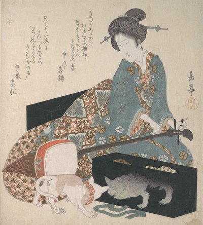 Kvinna som stämmer en Shamisen och en katt ser på sin egen reflektion, mitten av 1820-talet. av Gakutei