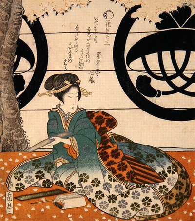 Beauty Viewing Flowers (träblock i färg) av Gakutei Harunobu