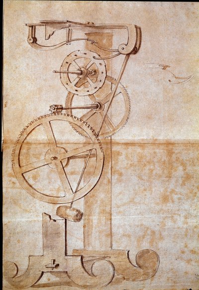 Titta på en vägningspendel som studerades av den italienske astronomen och fysikern Galileo Galilei dit Galilee (1564-1642) 1638 för att mäta tid. Teckning. Florens, Nationalbiblioteket av Galileo Galilei