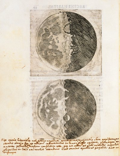 Sidereus Nuncius (Starry Messenger) med ritningar av månens faser och yta av Galileo Galilei