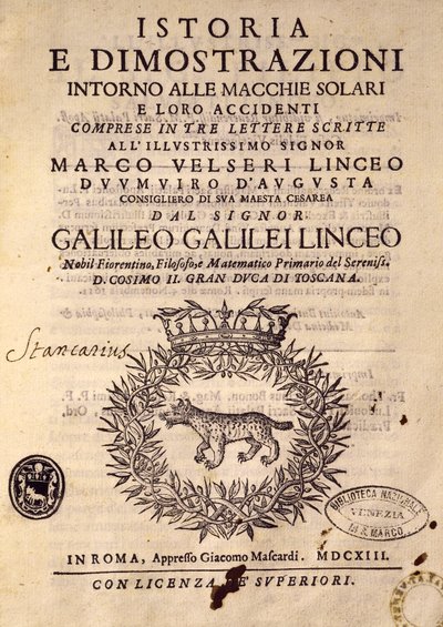 Titelsida av Historia och demonstrationer om solfläckar och deras egenskaper av Galileo Galilei