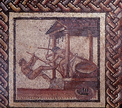 Gallo Roman Art: mosaikbeläggning som representerar en rustik kalender. En oljepress. Slutet 2:a, början av 300-talet efter JC. Från Saint-Romain-en-Gal (Rhone). Saint Germain en Laye, Nationalmuseet för arkeologi av Gallo Roman