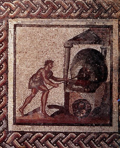 Gallo Roman Art: mosaikbeläggning som representerar en rustik kalender. Brödtillverkningsscen. Slutet 2:a, början av 300-talet efter JC. Från Saint-Romain-en-Gal (Rhone). Saint Germain en Laye, Nationalmuseet för arkeologi av Gallo Roman