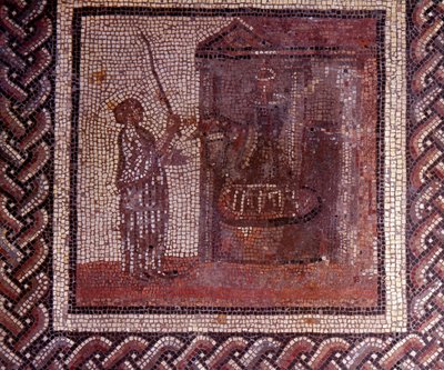 Gallo Roman Art: mosaikbeläggning som representerar en rustik kalender. Verket har slipskivan. Slutet 2:a, början av 300-talet efter JC. Från Saint-Romain-en-Gal (Rhone). Saint Germain en Laye, Nationalmuseet för arkeologi av Gallo Roman