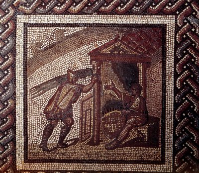 Gallo Roman Art: mosaikbeläggning som representerar en rustik kalender. Flätning och flätning av korgar. Slutet 2:a, början av 300-talet efter JC. Från Saint-Romain-en-Gal (Rhone). Saint Germain en Laye, Nationalmuseet för arkeologi av Gallo Roman