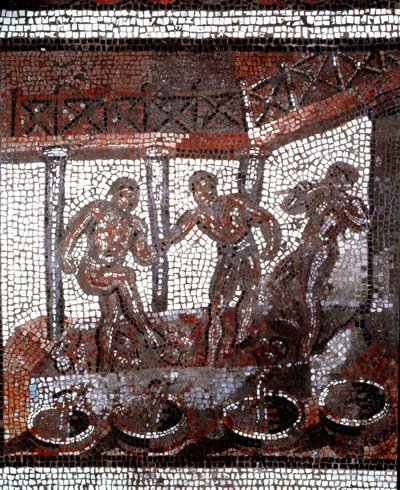Scen av att trampa druvor i ett kar. (mosaik, slutet av 2:a, början av 3:e århundradet) av Gallo Roman