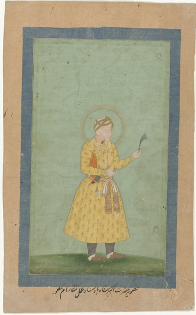 Porträtt av Akbar, stående, med fjäderplym i handen av Gangaram (attributed to)