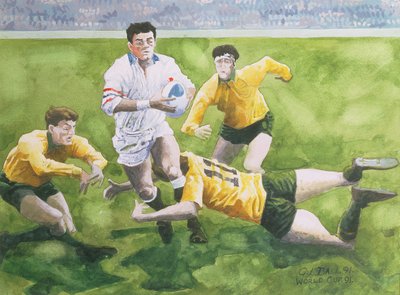 Rugbymatch: England mot Australien i världscupfinalen 1991, Will Carling tacklas (wc) av Gareth Lloyd Ball