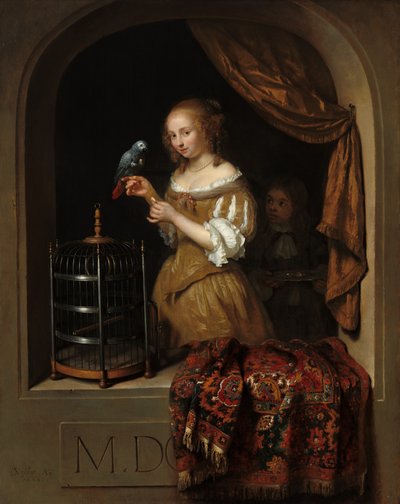 En kvinna som matar en papegoja, med en sida, 1666. av Gaspar Netscher