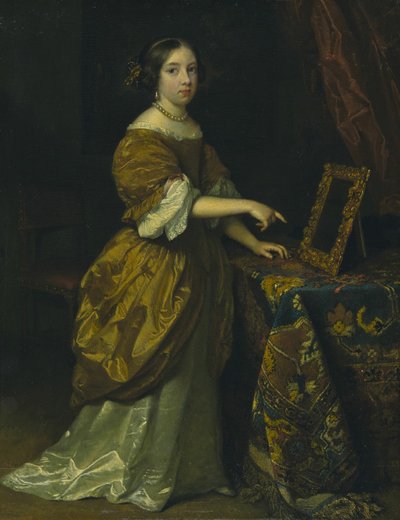 Flicka som står framför en spegel, 1668. av Gaspar Netscher