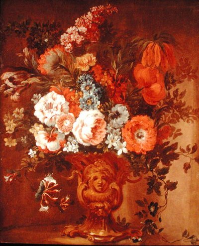 Rosor, vallmo, kaprifol, stock och andra blommor i en skulpterad vas (olja på duk) av Gaspar Peeter The Elder Verbruggen