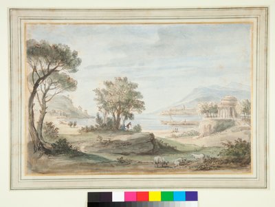 Landskap med ett runt tempel (penna och brunt bläck och färgade tvättar) av Gaspar van Wittel