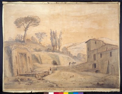 Den antika fontänen och bågen vid Grottaferrata, Rom (penna och bläck med akvarell på papper) av Gaspar van Wittel