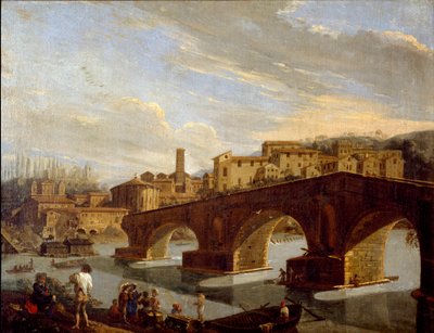 Utsikt över Tibern i nivå med brytbron i Rom Målning av Gaspare Vanvitelli (Gaspar van Wittel, Caspar Van Vitelli) (1653-1736) Dim 39,5x51 cm Milano, Galleria d