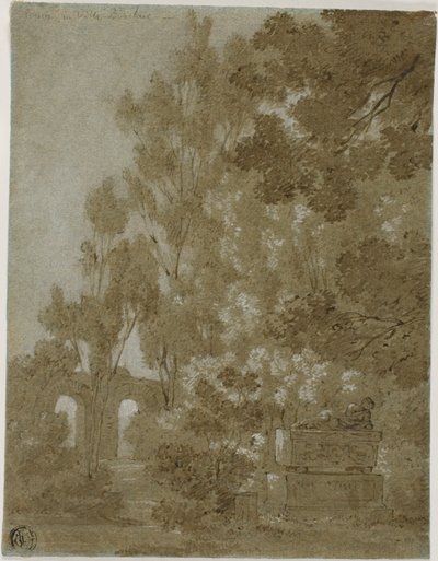 Utsikt över ruinerade valvbågar och grav i Villa Borghese av Gaspard Dughet