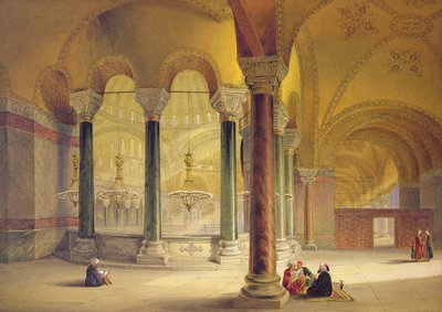 Hagia Sophia, plåt 11: Memegalleriet i sydvästra hörnet, graverad av Louis Haghe (1806-85) publicerad 1852 av Gaspard Fossati