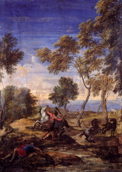 Kentaurernas strid på landsbygden (olja på duk) av Gaspard Poussin (school of) Dughet