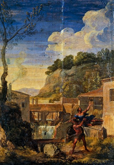 Landsbygd med Hercules och Antaeus (olja på duk) av Gaspard Poussin (school of) Dughet