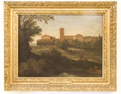 Klassiskt landskap med en man som kör en fårflock av Gaspard Poussin Dughet